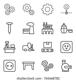 Thin line icon set : gear, laser, nail, factory, port, customs control, fork loader, transporter tape, power socket, table, gears, water pump