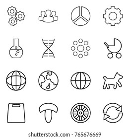 Thin line icon set : gear, group, diagram, round flask, dna, around, baby stroller, globe, earth, dog, cutting board, mushroom, wheel, reload