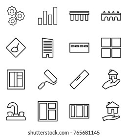 Thin line icon set : gear, graph, bridge, under construction, skyscraper, bunker, window, repair, level, real estate, water tap, housing