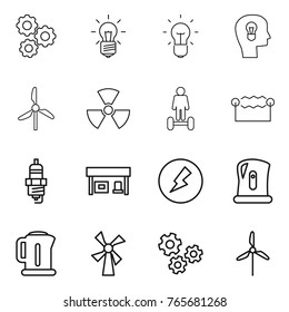 Thin line icon set : gear, bulb, head, windmill, nuclear, hoverboard, electrostatic, spark plug, gas station, electricity, kettle, gears