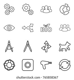 Thin line icon set : gear, group, circle diagram, eye, core splitting, bio, draw compass, drawing compasses, route, dog, lifebuoy, ring button, hair dryer, reload