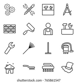 Thin line icon set : gear, pencil wrench, tools, draw compass, brick wall, repair, workman, rake, vacuum cleaner, house cleaning, brush, floor washing