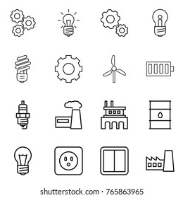 Thin line icon set : gear, bulb, windmill, battery, spark plug, factory, barrel, power socket, switch