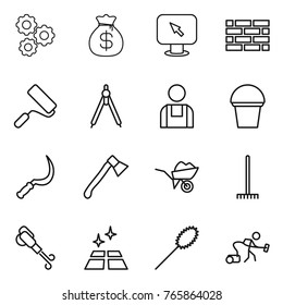 Thin line icon set : gear, money bag, monitor arrow, brick wall, repair, drawing compasses, workman, bucket, sickle, axe, wheelbarrow, rake, blower, clean floor, duster, vacuum cleaner