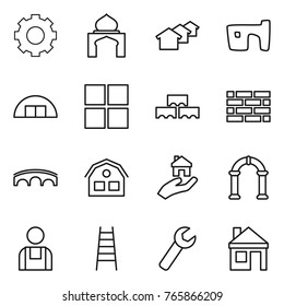 Thin line icon set : gear, minaret, houses, slum, hangare, window, block wall, brick, bridge, house, real estate, arch, workman, stairs, wrench