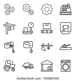 Thin line icon set : gear, cashbox, tower crane, warehouse scales, transporter tape, atm, mixer, plow, soil cutter, tractor, trash truck, utility room, washing machine