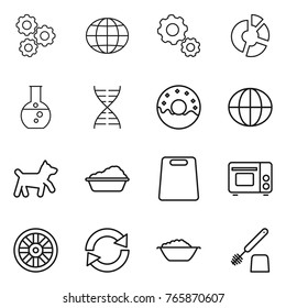Thin line icon set : gear, globe, circle diagram, round flask, dna, donut, dog, washing, cutting board, grill oven, wheel, reload, foam basin, toilet brush