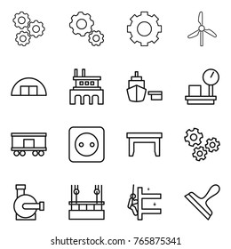 Thin line icon set : gear, windmill, hangare, factory, port, warehouse scales, railroad shipping, power socket, table, gears, water pump, skysrcapers cleaning, skyscrapers, scraper