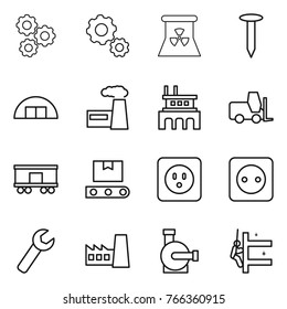 Thin line icon set : gear, nuclear power, nail, hangare, factory, fork loader, railroad shipping, transporter tape, socket, wrench, water pump, skyscrapers cleaning