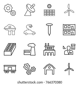 Thin line icon set : gear, satellite antenna, sun power, windmill, factory filter, electric car, nail, modular house, brick, architector, railroad shipping, gears, barn