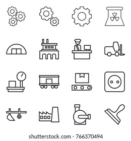 Thin line icon set : gear, nuclear power, hangare, factory, customs control, fork loader, warehouse scales, railroad shipping, transporter tape, socket, plow, water pump, scraper