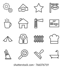 Thin line icon set : gear, sale, star, shop signboard, hot drink, home, lighthouse, invoice, tent, life vest, radiator, cook hat, knife holder, viruses, scraper, bath