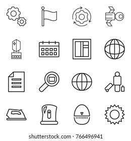 Thin line icon set : gear, flag, around, satellite, crystall memory, calendar, window, globe, document, cargo search, passenger, iron, kettle, egg timer, sun