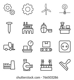 Thin line icon set : gear, windmill, laser, nail, factory, port, customs control, fork loader, warehouse scales, transporter tape, power socket, water pump, skysrcapers cleaning, scraper