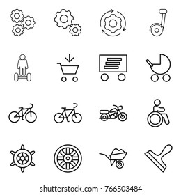 Thin line icon set : gear, around, segway, hoverboard, add to cart, delivery, baby stroller, bike, motorcycle, invalid, handwheel, wheel, wheelbarrow, scraper
