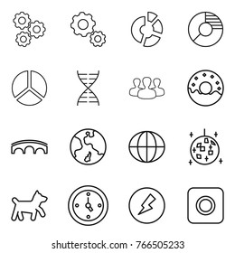Thin line icon set : gear, circle diagram, dna, group, donut, bridge, earth, globe, disco ball, dog, watch, electricity, ring button
