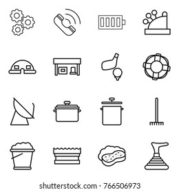 Thin line icon set : gear, call, battery, cashbox, dome house, gas station, golf, lifebuoy, satellite antenna, pan, rake, foam bucket, sponge, with, plunger