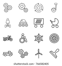 Thin line icon set : gear, around, hoverboard, lunar rover, delivery, baby stroller, motorcycle, invalid, handwheel, wheel, pickup, gears, windmill, scraper