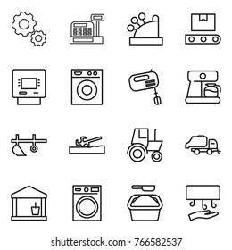 Thin line icon set : gear, cashbox, transporter tape, atm, washing machine, mixer, coffee maker, plow, soil cutter, tractor, trash truck, utility room, powder, hand dryer