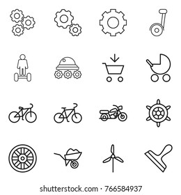 Thin line icon set : gear, hoverboard, lunar rover, add to cart, baby stroller, bike, motorcycle, handwheel, wheel, wheelbarrow, windmill, scraper