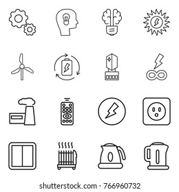 Thin line icon set : gear, bulb head, brain, sun power, windmill, battery charge, crystall memory, infinity, factory, remote control, electricity, socket, switch, radiator, kettle