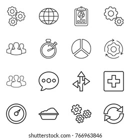 Thin line icon set : gear, globe, report, group, stopwatch, diagram, around, balloon, route, first aid, barometer, washing, gears, reload