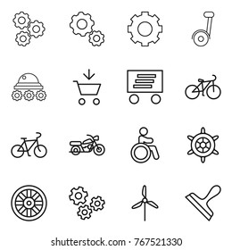 Thin line icon set : gear, lunar rover, add to cart, delivery, bike, motorcycle, invalid, handwheel, wheel, gears, windmill, scraper