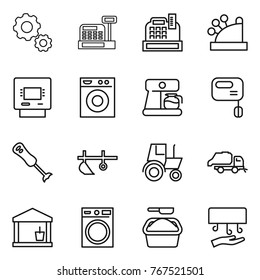 Thin line icon set : gear, cashbox, atm, washing machine, coffee maker, mixer, blender, plow, tractor, trash truck, utility room, powder, hand dryer