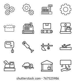 Thin line icon set : gear, cashbox, electrostatic, transporter tape, coffee maker, mixer, blender, plow, soil cutter, harvester, trash truck, utility room, hand dryer