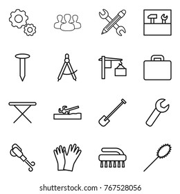 Thin line icon set : gear, group, pencil wrench, tools, nail, draw compass, loading, suitcase, iron board, soil cutter, shovel, blower, gloves, brush, duster