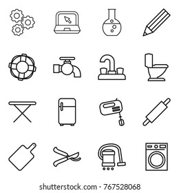 Thin line icon set : gear, notebook, round flask, pencil, lifebuoy, water tap, toilet, iron board, fridge, mixer, rolling pin, cutting, pruner, vacuum cleaner, washing machine