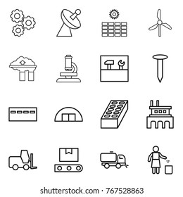 Thin line icon set : gear, satellite antenna, sun power, windmill, factory filter, microscope, tools, nail, bunker, hangare, brick, fork loader, transporter tape, sweeper, garbage bin