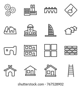 Thin line icon set : gear, store, bridge, under construction, project, mansion, skyscraper, houses, slum, modular house, window, brick wall, bungalow, home, stairs