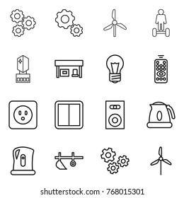 Thin line icon set : gear, windmill, hoverboard, crystall memory, gas station, bulb, remote control, power socket, switch, speaker, kettle, plow, gears
