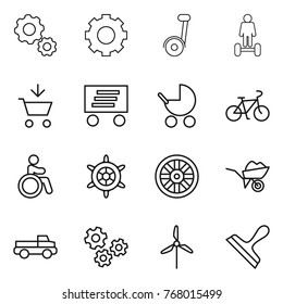 Thin line icon set : gear, segway, hoverboard, add to cart, delivery, baby stroller, bike, invalid, handwheel, wheel, wheelbarrow, pickup, gears, windmill, scraper