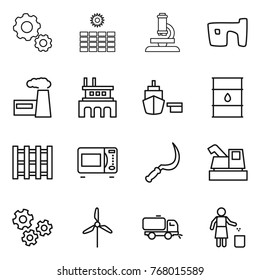 Thin line icon set : gear, sun power, microscope, slum, factory, port, barrel, pallet, microwave oven, sickle, harvester, gears, windmill, sweeper, garbage bin