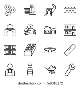 Thin line icon set : gear, store, greate wall, bridge, minaret, modern architecture, house with garage, modular, panel, brick, level, workman, stairs, wheelbarrow, wrench