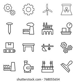 Thin line icon set : gear, windmill, nuclear power, nail, factory, warehouse scales, transporter tape, table, plow, gears, water pump, skysrcapers cleaning, scraper