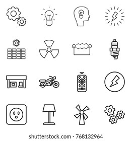 Thin line icon set : gear, bulb, head, lightning, sun power, nuclear, electrostatic, spark plug, gas station, motorcycle, remote control, electricity, socket, floor lamp, windmill, gears