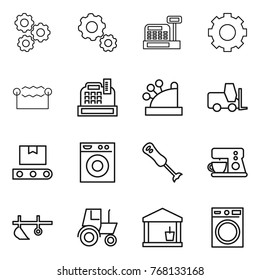 Thin line icon set : gear, cashbox, electrostatic, fork loader, transporter tape, washing machine, blender, coffee maker, plow, tractor, utility room
