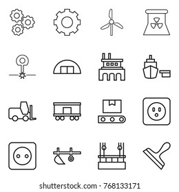 Thin line icon set : gear, windmill, nuclear power, laser, hangare, factory, port, fork loader, railroad shipping, transporter tape, socket, plow, skysrcapers cleaning, scraper