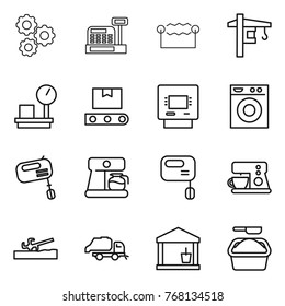 Thin line icon set : gear, cashbox, electrostatic, tower crane, warehouse scales, transporter tape, atm, washing machine, mixer, coffee maker, soil cutter, trash truck, utility room, powder