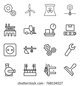 Thin line icon set : gear, windmill, nuclear power, laser, factory, fork loader, warehouse scales, transporter tape, socket, plow, gears, wrench, water pump, skysrcapers cleaning, skyscrapers