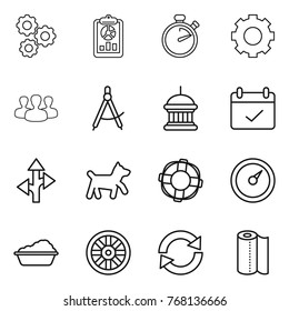 Thin line icon set : gear, report, stopwatch, group, draw compass, goverment house, terms, route, dog, lifebuoy, barometer, washing, wheel, reload, paper towel
