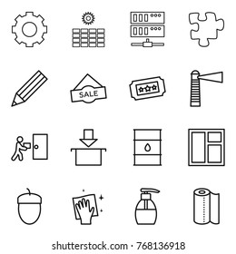 Thin line icon set : gear, sun power, server, puzzle, pencil, sale, ticket, lighthouse, courier delivery, package, barrel, window, acorn, wiping, liquid soap, paper towel