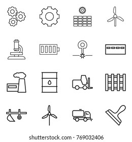 Thin line icon set : gear, sun power, windmill, microscope, battery, laser, bunker, factory, barrel, fork loader, pallet, plow, sweeper, scraper