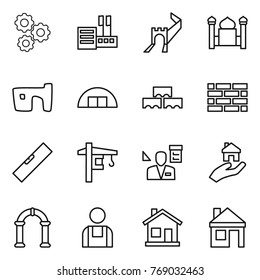 Thin line icon set : gear, store, greate wall, minaret, slum, hangare, block, brick, level, tower crane, architector, real estate, arch, workman, home, house