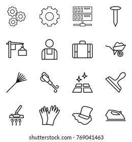 Thin line icon set : gear, server, nail, loading, workman, suitcase, wheelbarrow, rake, blower, clean floor, scraper, vacuum cleaner, gloves, washing, iron