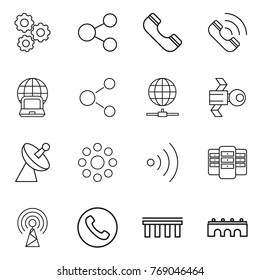 Thin line icon set : gear, share, phone, call, notebook globe, molecule, connect, satellite, antenna, round around, wireless, server, bridge