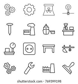 Thin line icon set : gear, nuclear power, laser, nail, factory, port, customs control, warehouse scales, socket, table, plow, gears, wrench, scraper